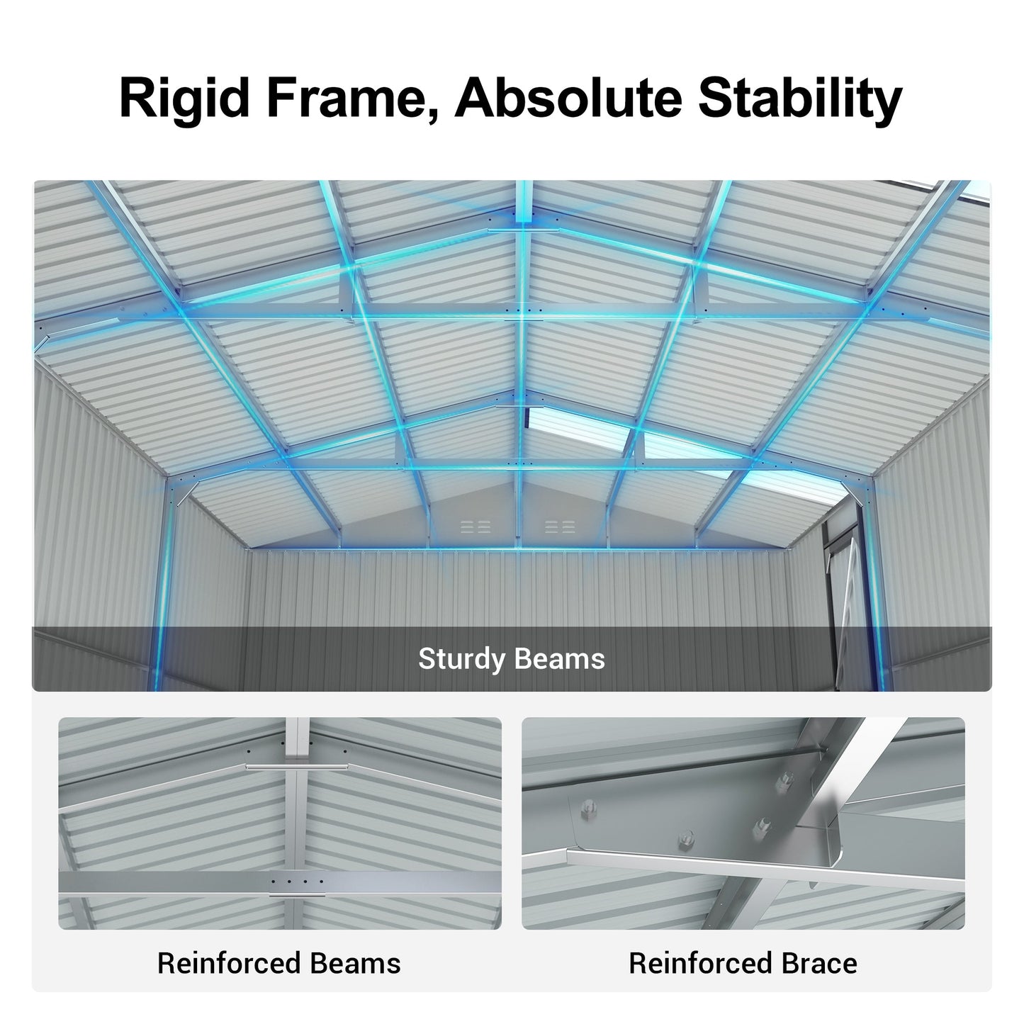 Outdoor Storage Shed 20x13 ft interior featuring rigid frame beams and reinforced beams on Tampa Home & Garden Store