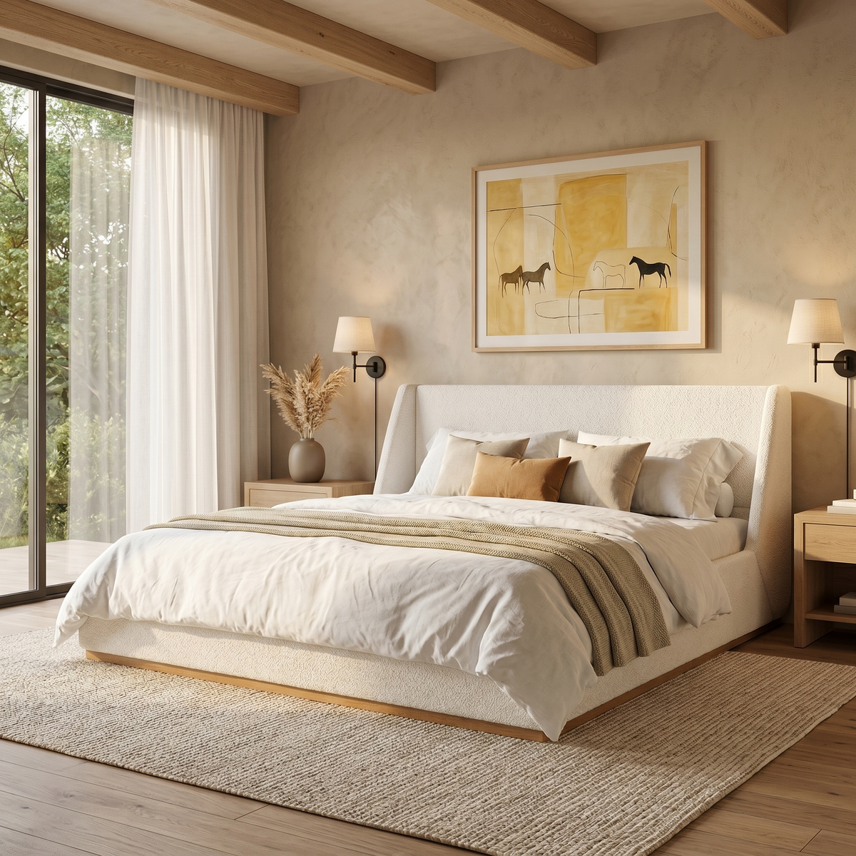Luxury Upholstered Bed With Wings by HouseOfZazla in beige fabric with winged headboard on Tampa Home & Garden Store