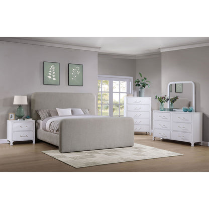 Kendra platform bed with gray upholstered headboard in a bright bedroom with white dressers on Tampa Home & Garden Store