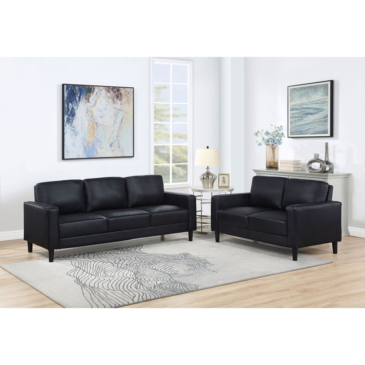 Ruth Two Piece Track Arm Sofa and Black Cushions