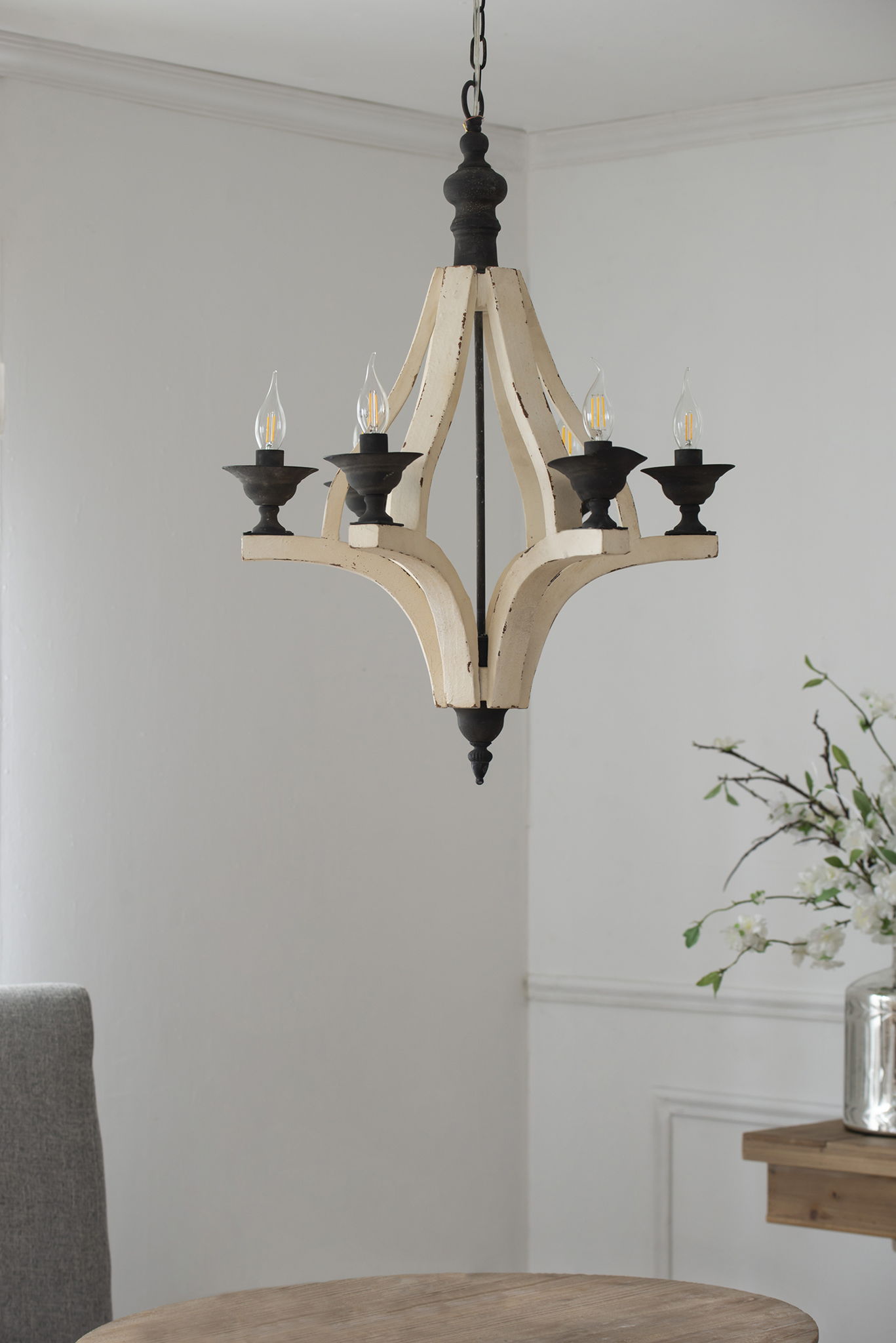 6-light cream wood chandelier with distressed finish and adjustable chain on Tampa Home & Garden Store