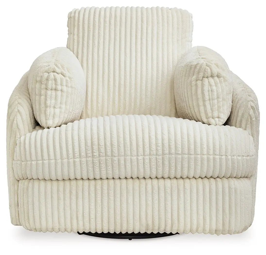 Tie-breaker swivel glider recliner in cream ribbed corduroy with plush padded arms on Tampa Home & Garden Store