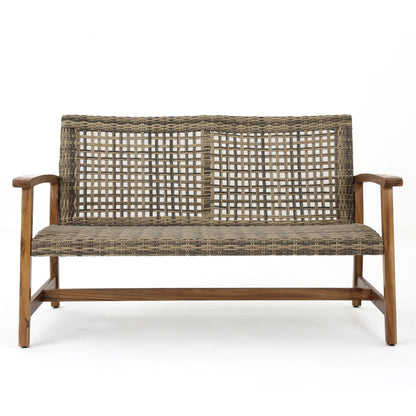 Outdoor Rattan Loveseat and Acacia Wood Frame