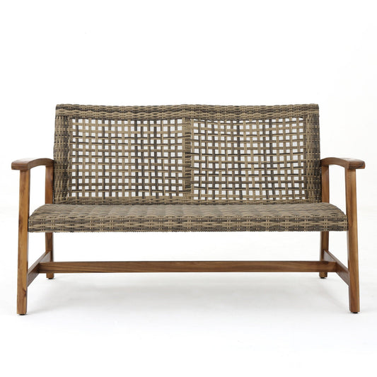 Outdoor Rattan Loveseat and Acacia Wood Frame