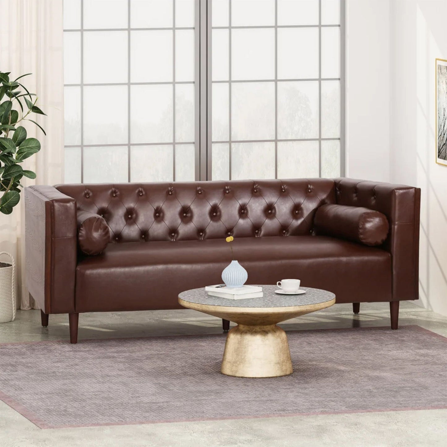 Contemporary 3 Seater Tufted Sofa in brown leather with wooden legs in a stylish room on Tampa Home & Garden Store