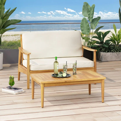 Outdoor acacia wood loveseat with white cushions and coffee table, 2-piece outdoor furniture set on Tampa Home & Garden Store