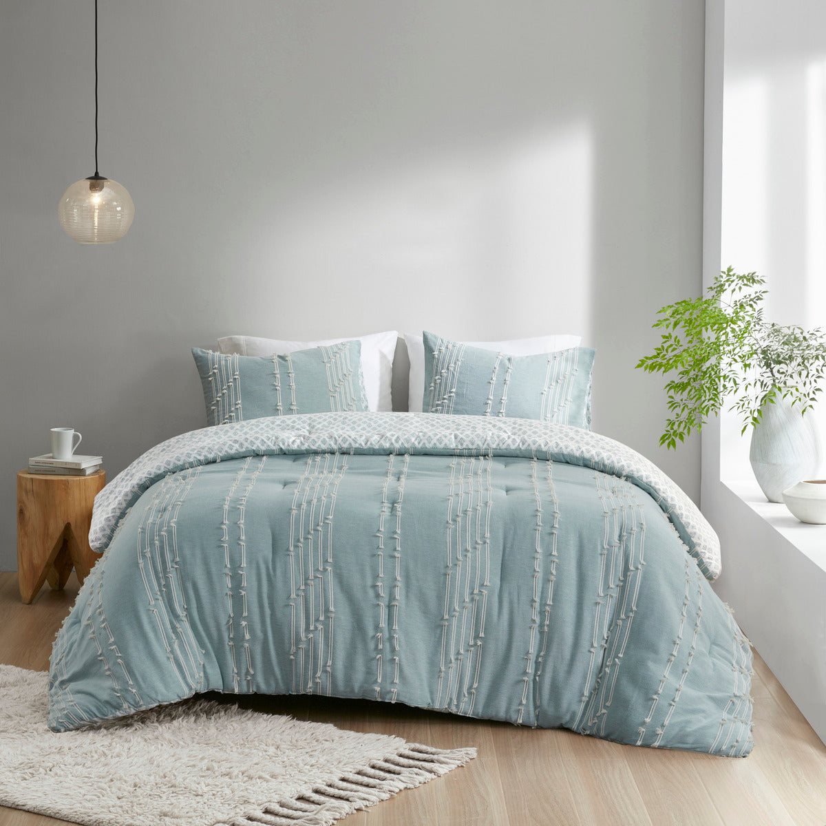 Cotton Jacquard Reversible Aqua and Ivory Set