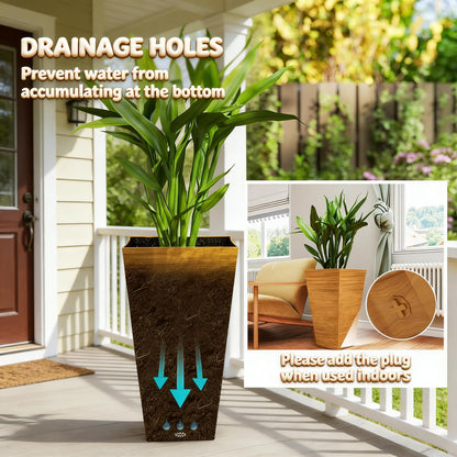 Classic set of 3 tall outdoor planters in dark textured finish with green plant on porch on Tampa Home & Garden Store