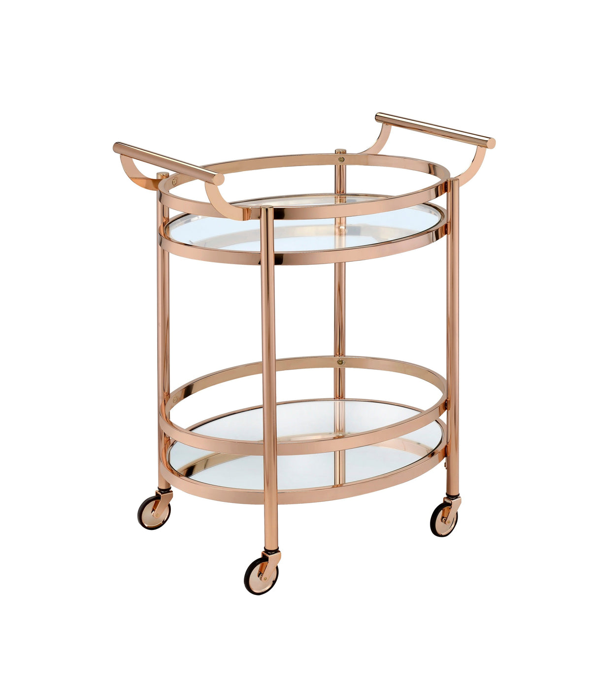 Lakelyn clear glass rose gold serving cart with two round shelves on casters by HouseOfZazla on Tampa Home & Garden Store