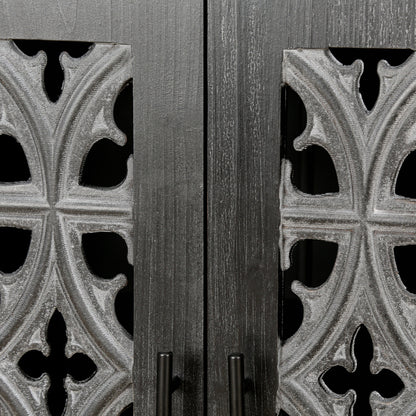 Hollow four-door antique cabinet front with dark wood panels and ornate gray metal fretwork on Tampa Home & Garden Store