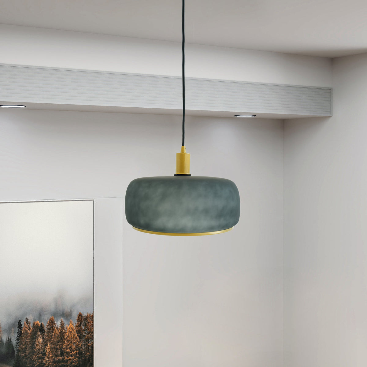 Dune Pendant Lamp green matte glass shade with gold ring and yellow top accent, HouseOfZazla on Tampa Home & Garden Store