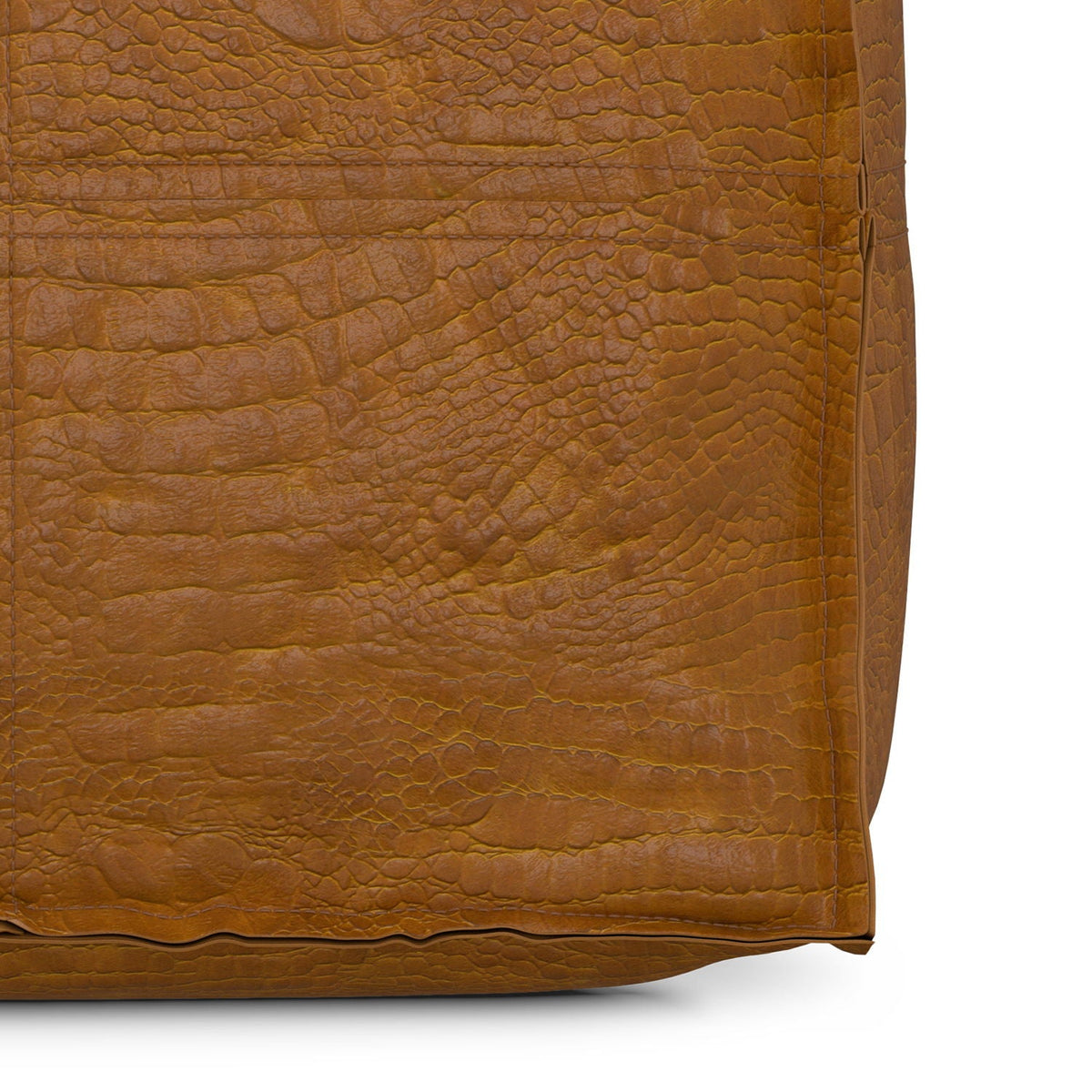 Square pouf ottoman in tan with genuine leather finish; close-up of textured leather on Tampa Home & Garden Store