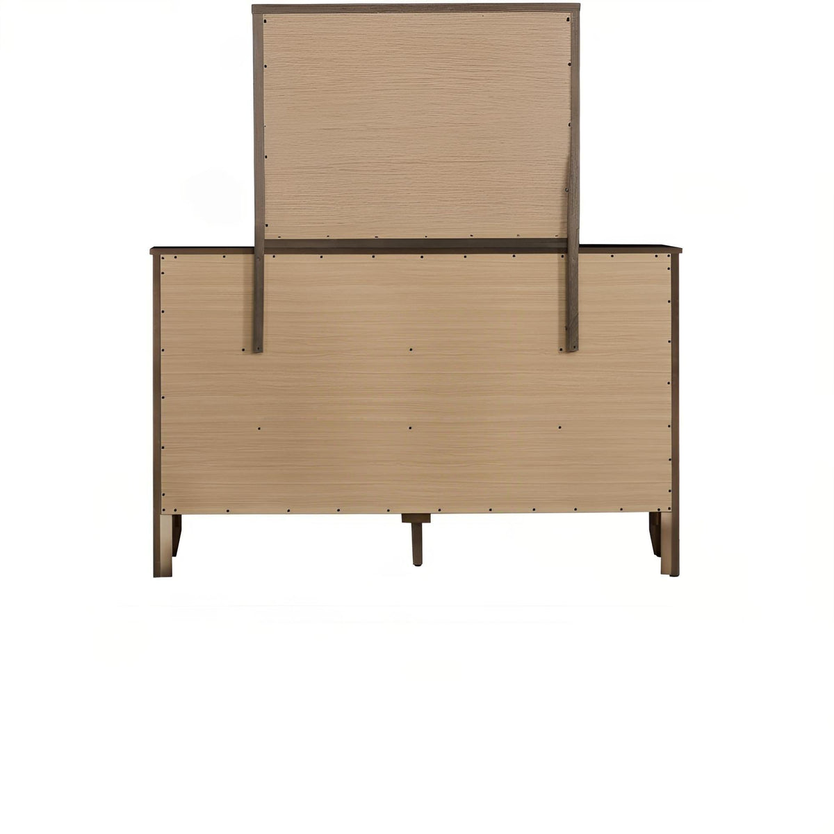 Rear view of a six-drawer wooden dresser with light veneer and dark metal frame on Tampa Home & Garden Store