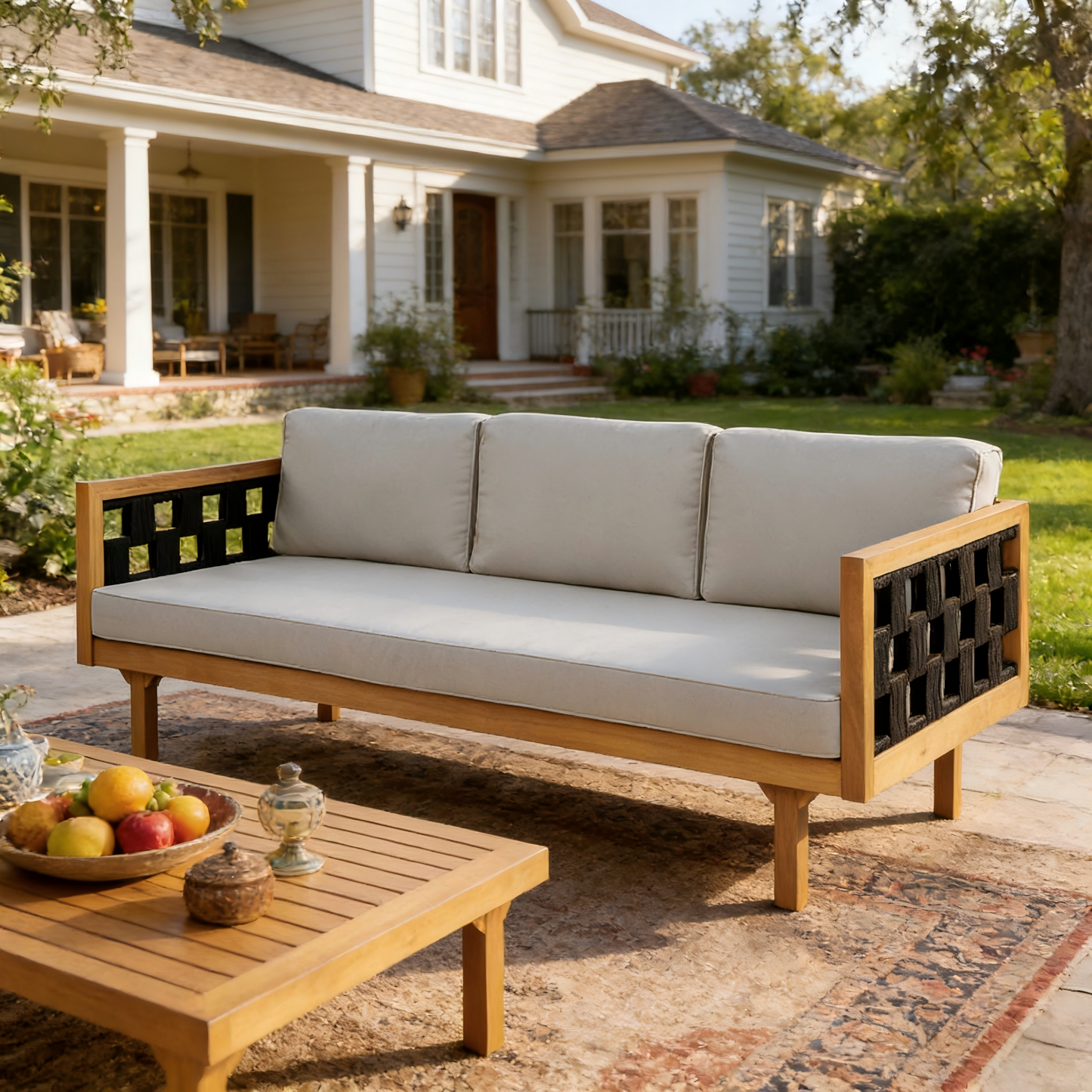 Three-Seater outdoor daybed with acacia wood teak finish frame and beige cushions on Tampa Home & Garden Store