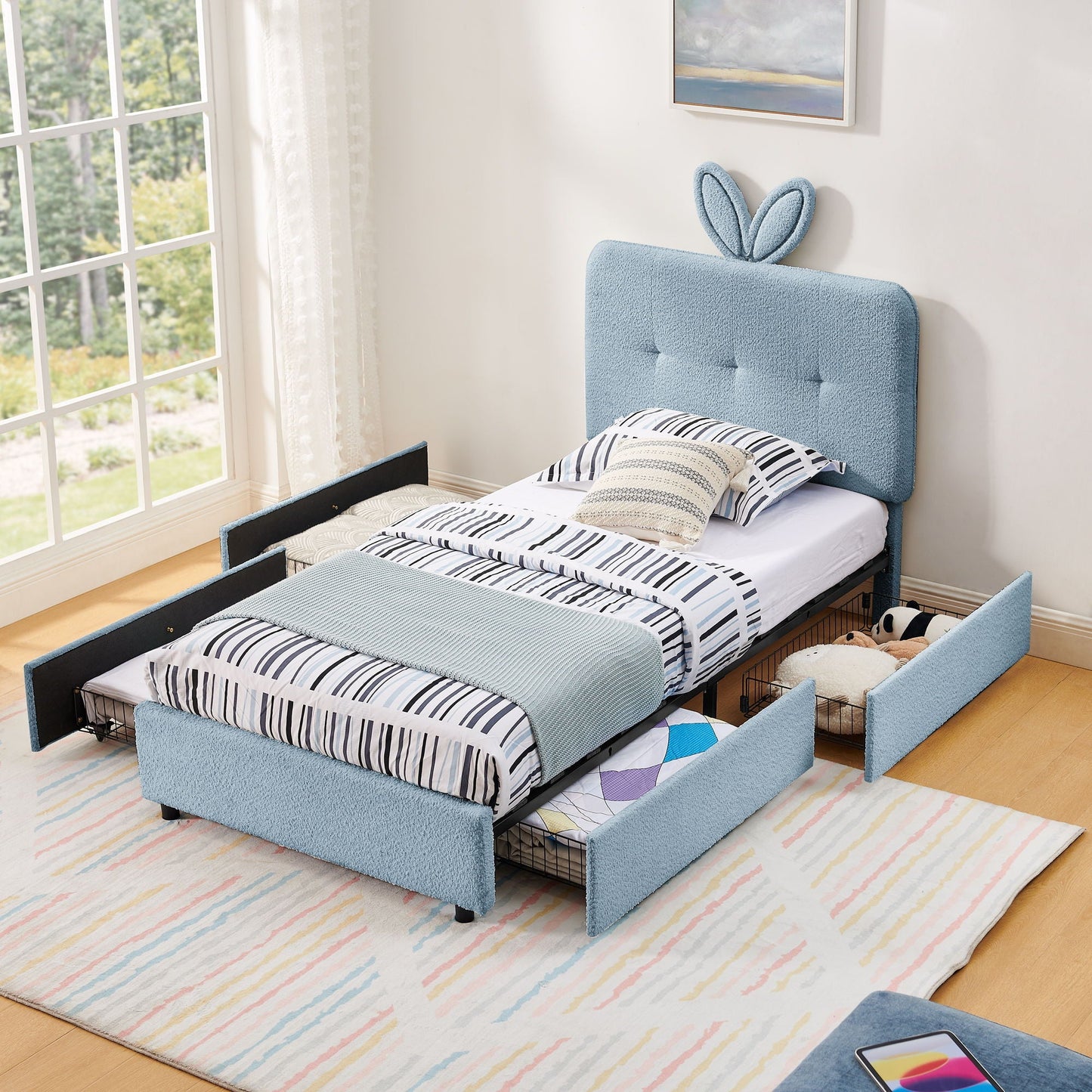 Upholstered Bed with Rabbit Ear and Led Drawers