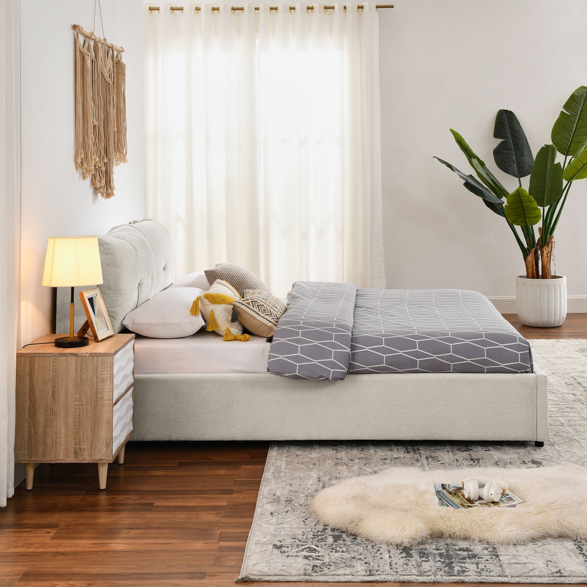 Storage Upholstered Hydraulic Platform Bed With Headboard in gray fabric by HouseOfZazla on Tampa Home & Garden Store