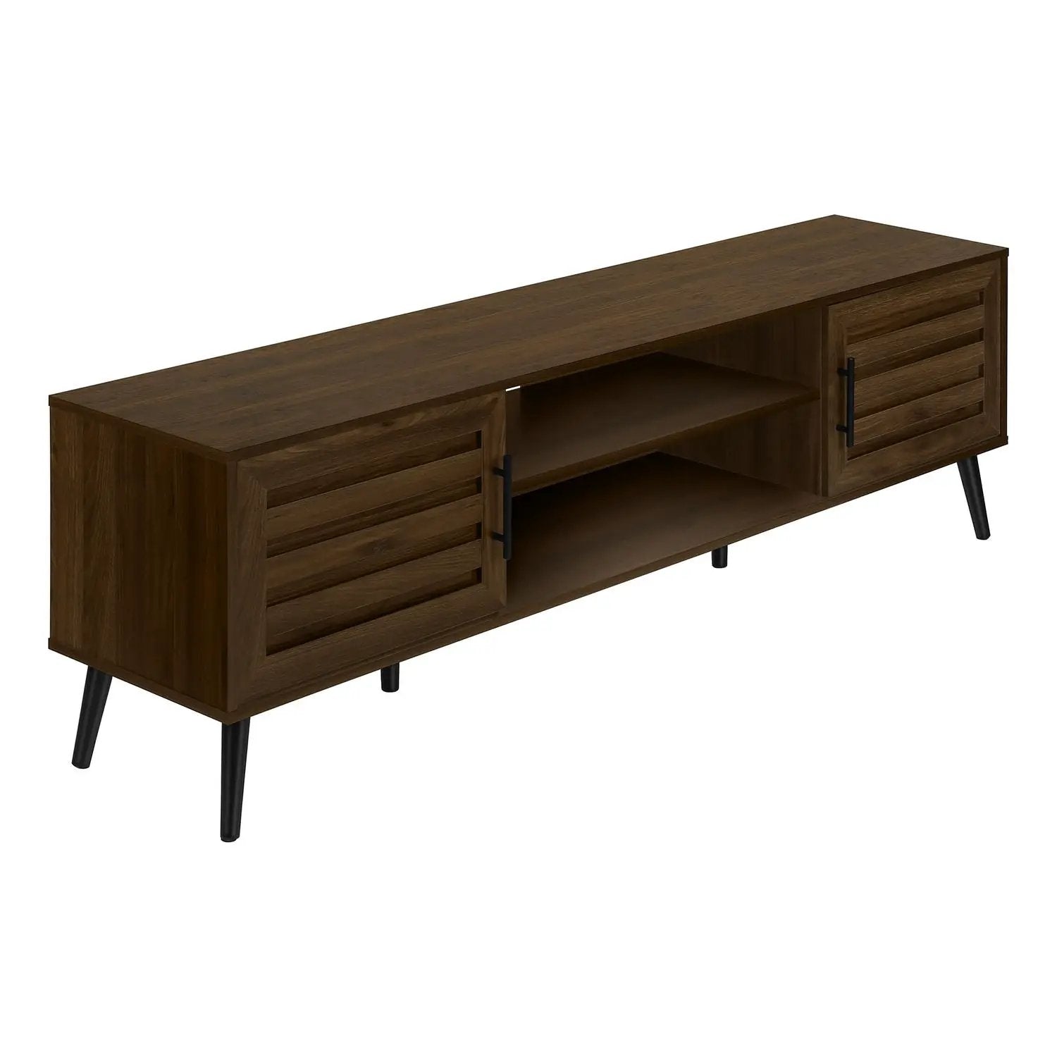 TV stand in dark walnut wood with two slatted doors and open shelves on black angled legs on Tampa Home & Garden Store