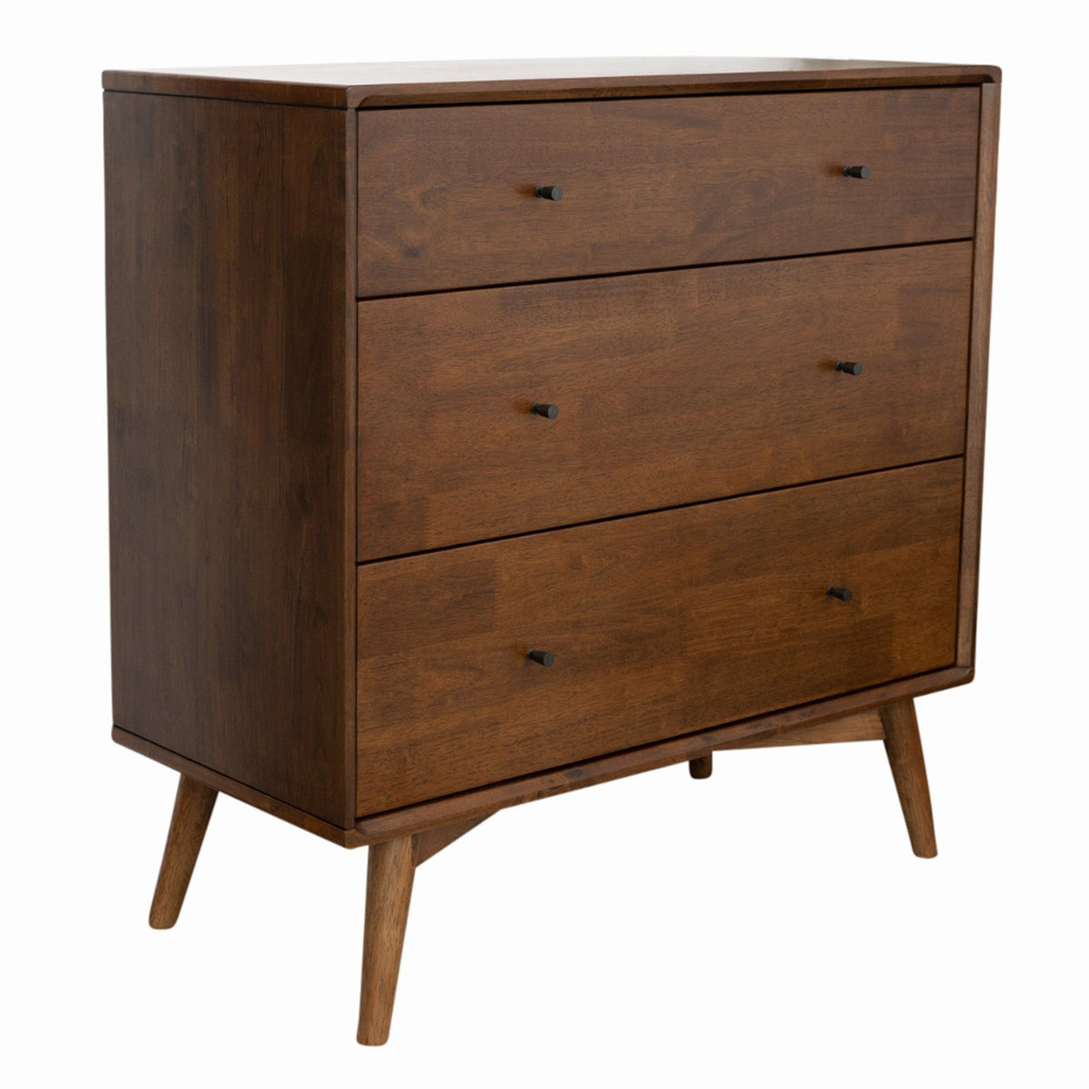 Solid wood brown 3-drawer dresser with black knobs and angled legs on Tampa Home & Garden Store