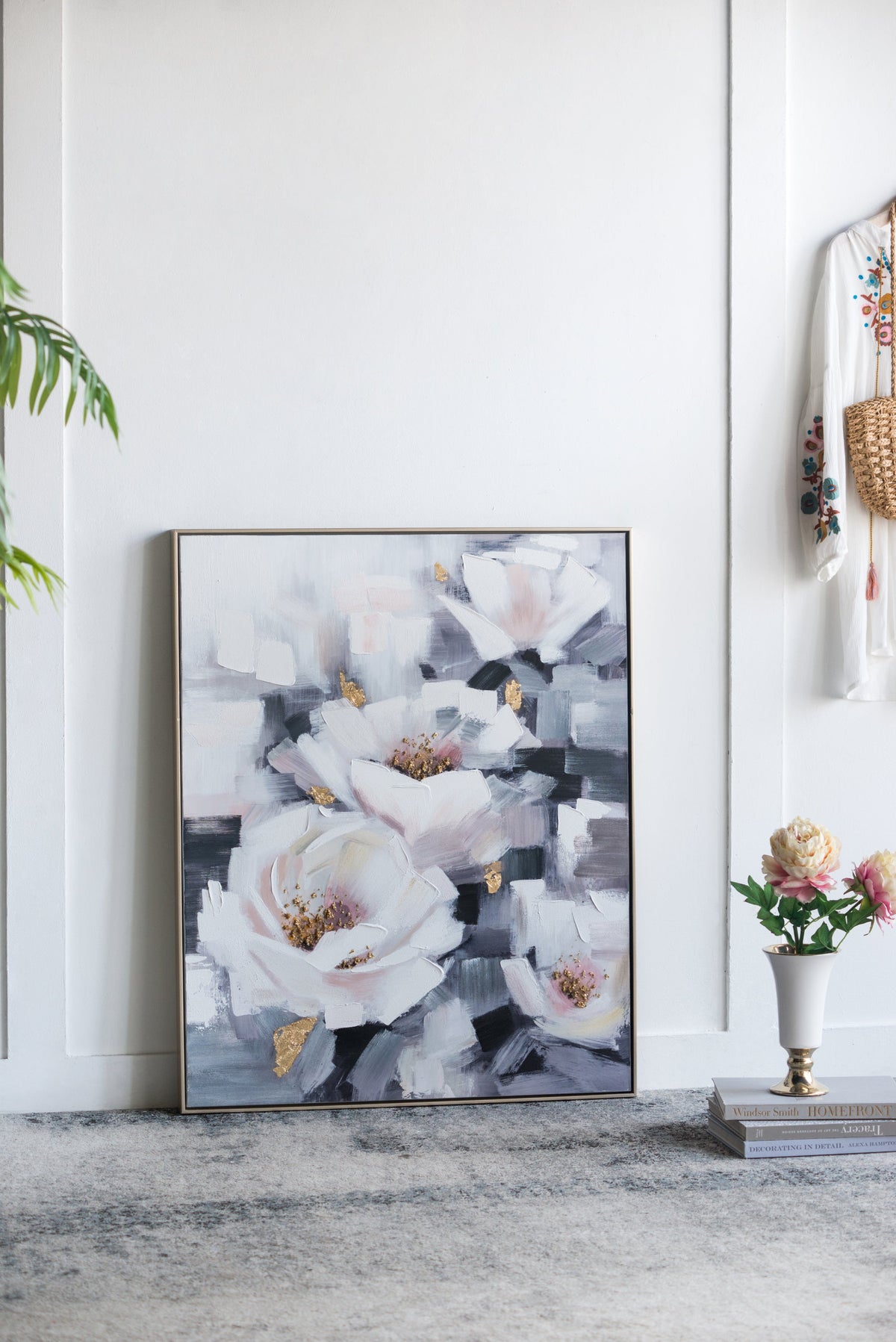 Sarah Framed Floral Wall Art canvas in muted blue pink with gold frame HouseOfZazla on Tampa Home & Garden Store