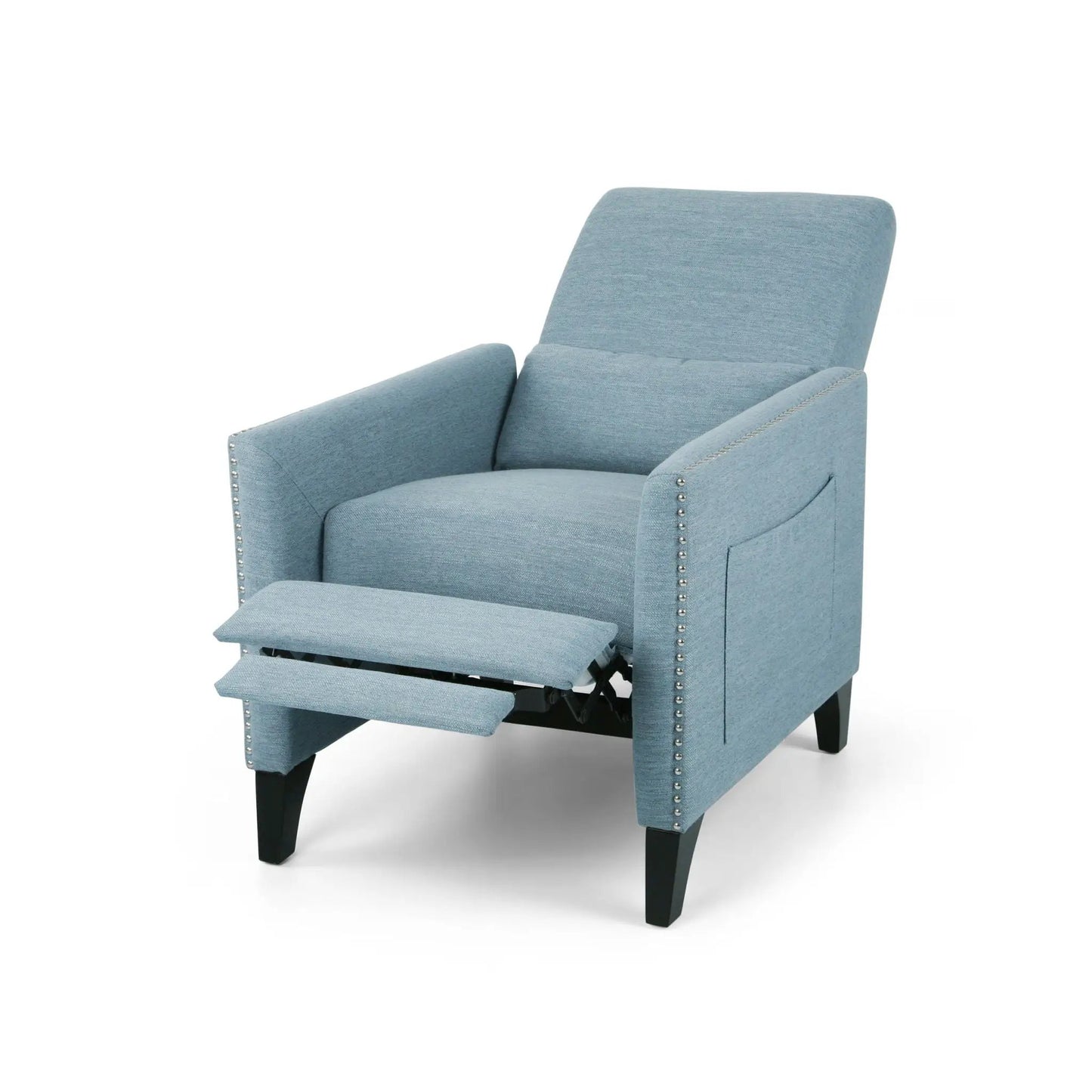 Repose upholstered recliner chair in light blue fabric with nailhead trim and side pocket on Tampa Home & Garden Store