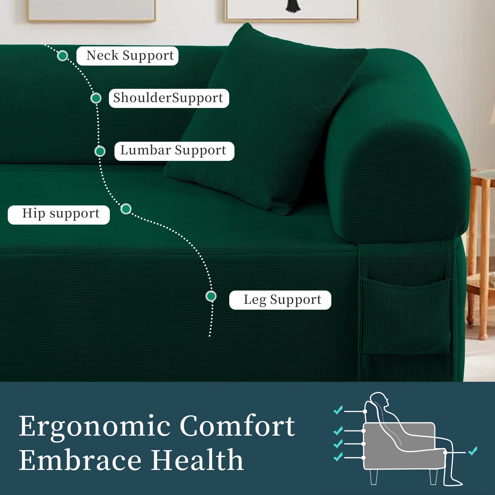 Spring Sofa green fabric with neck, shoulder, lumbar, hip and leg support by HouseOfZazla on Tampa Home & Garden Store