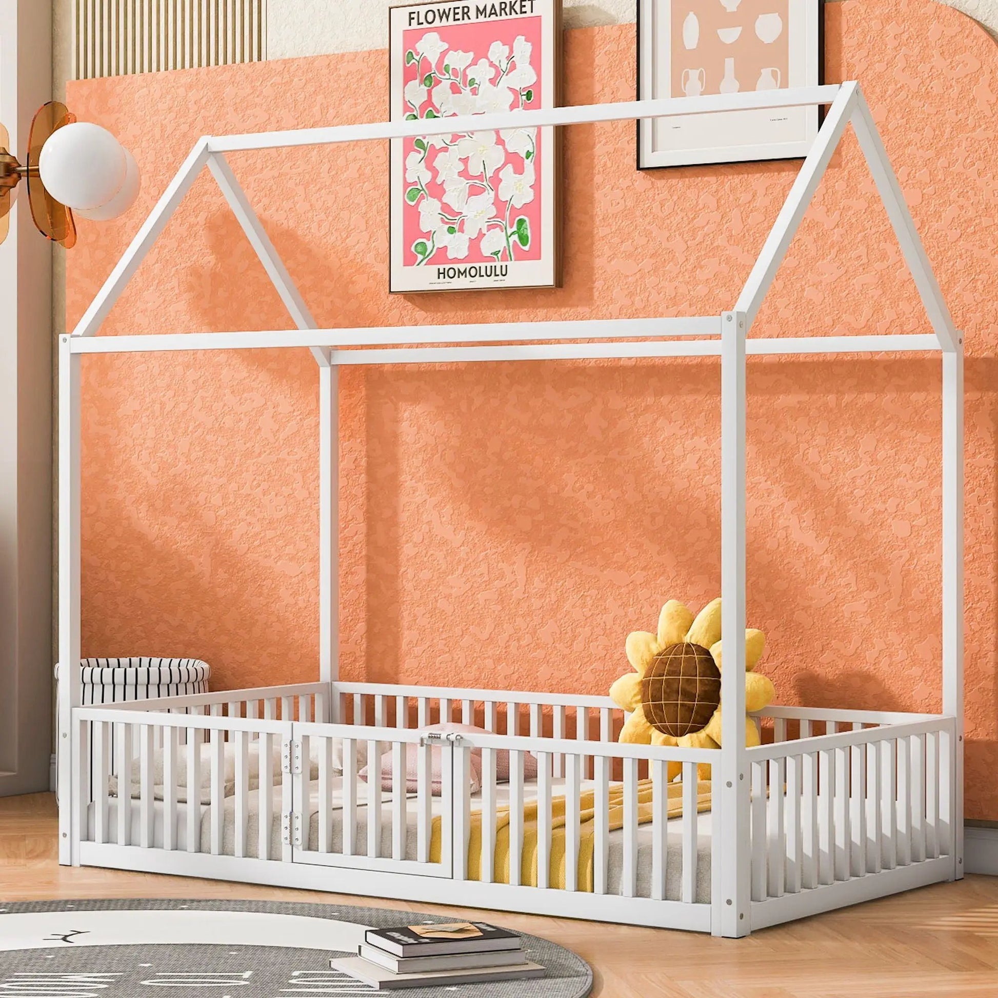 Metal house canopy bed with fence and door, white metal frame Unique Piece Furniture on Tampa Home & Garden Store