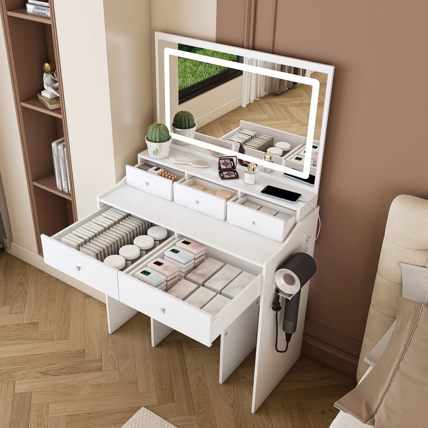 Makeup vanity set with adjustable LED lighting, power outlet, hair dryer holder, mirror on Tampa Home & Garden Store
