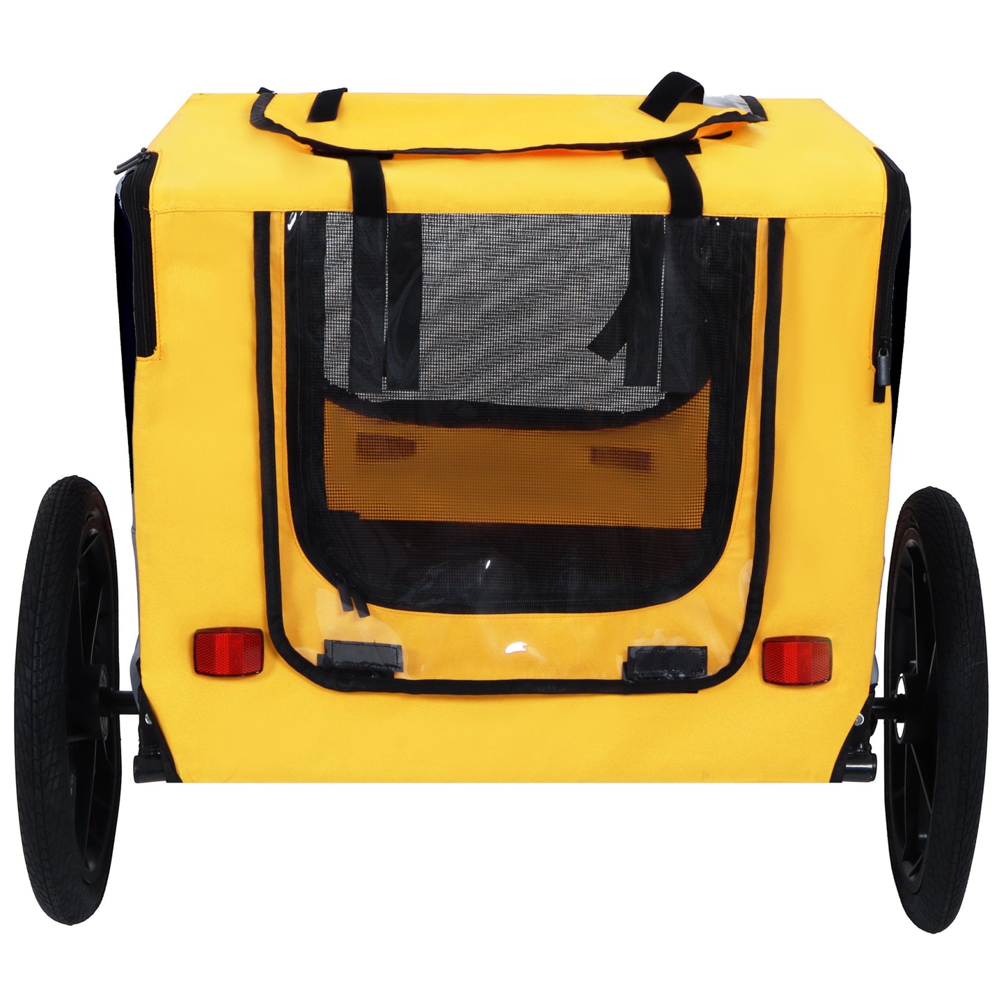 Pet Bike Trailer for dogs up to 66 lbs, yellow cart with mesh window and black straps on Tampa Home & Garden Store