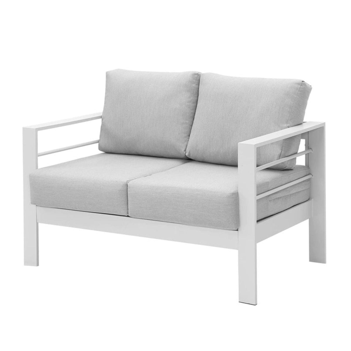 All-Weather Patio Loveseat with Thick Cushions light gray cushions on white metal frame on Tampa Home & Garden Store