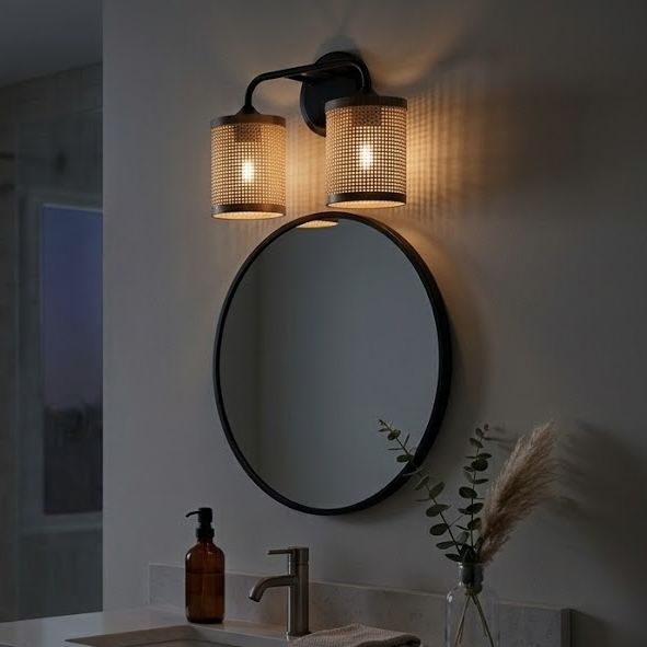 Quell two-light vanity wall lamp with natural rattan shades in black by HouseOfZazla on Tampa Home & Garden Store