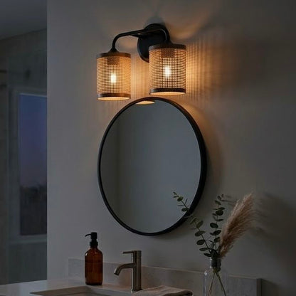 Quell two-light vanity wall lamp with natural rattan shades in black by HouseOfZazla on Tampa Home & Garden Store