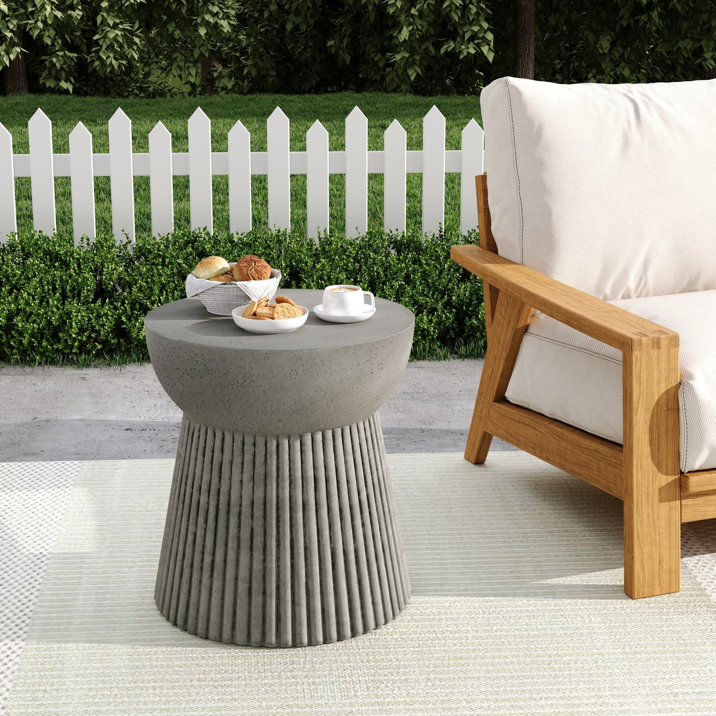 Outdoor Lightweight Concrete Side Table by HouseOfZazla, round gray ribbed pedestal on Tampa Home & Garden Store