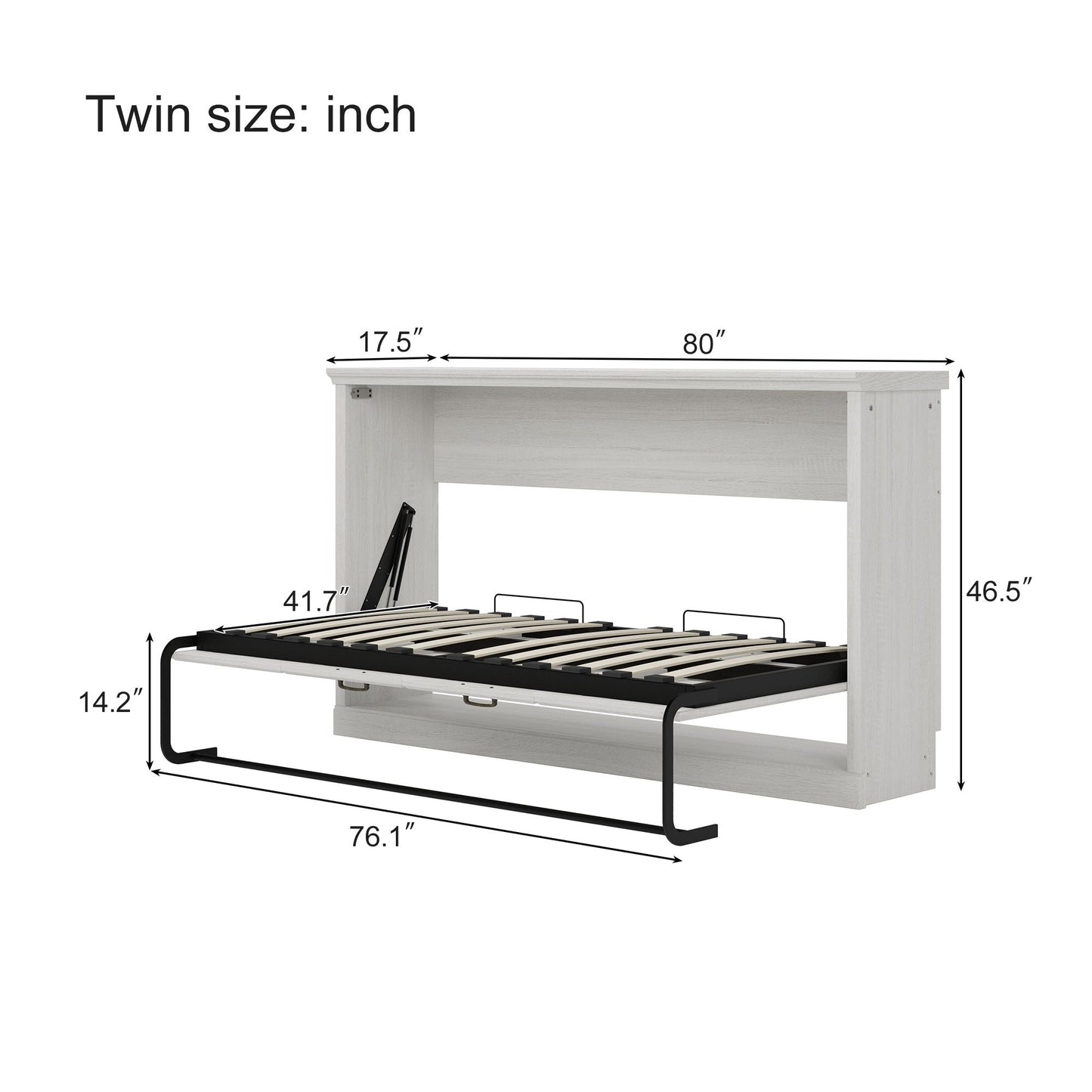 Twin Murphy bed dual piston system in rustic white cabinet; bed on black metal frame slats on Tampa Home & Garden Store