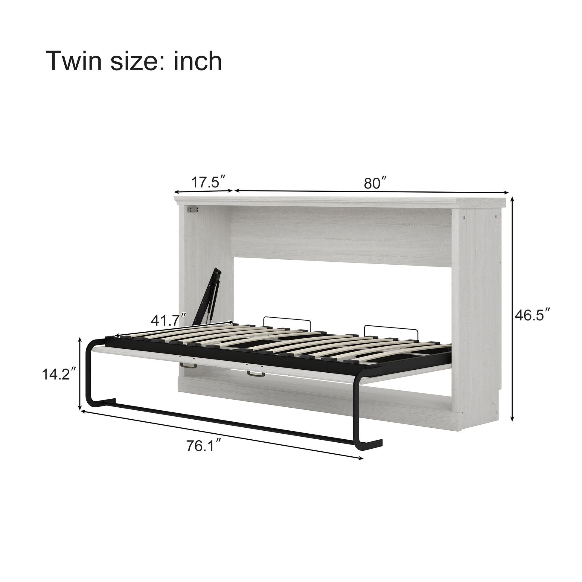 Twin Murphy bed dual piston system in rustic white cabinet; bed on black metal frame slats on Tampa Home & Garden Store