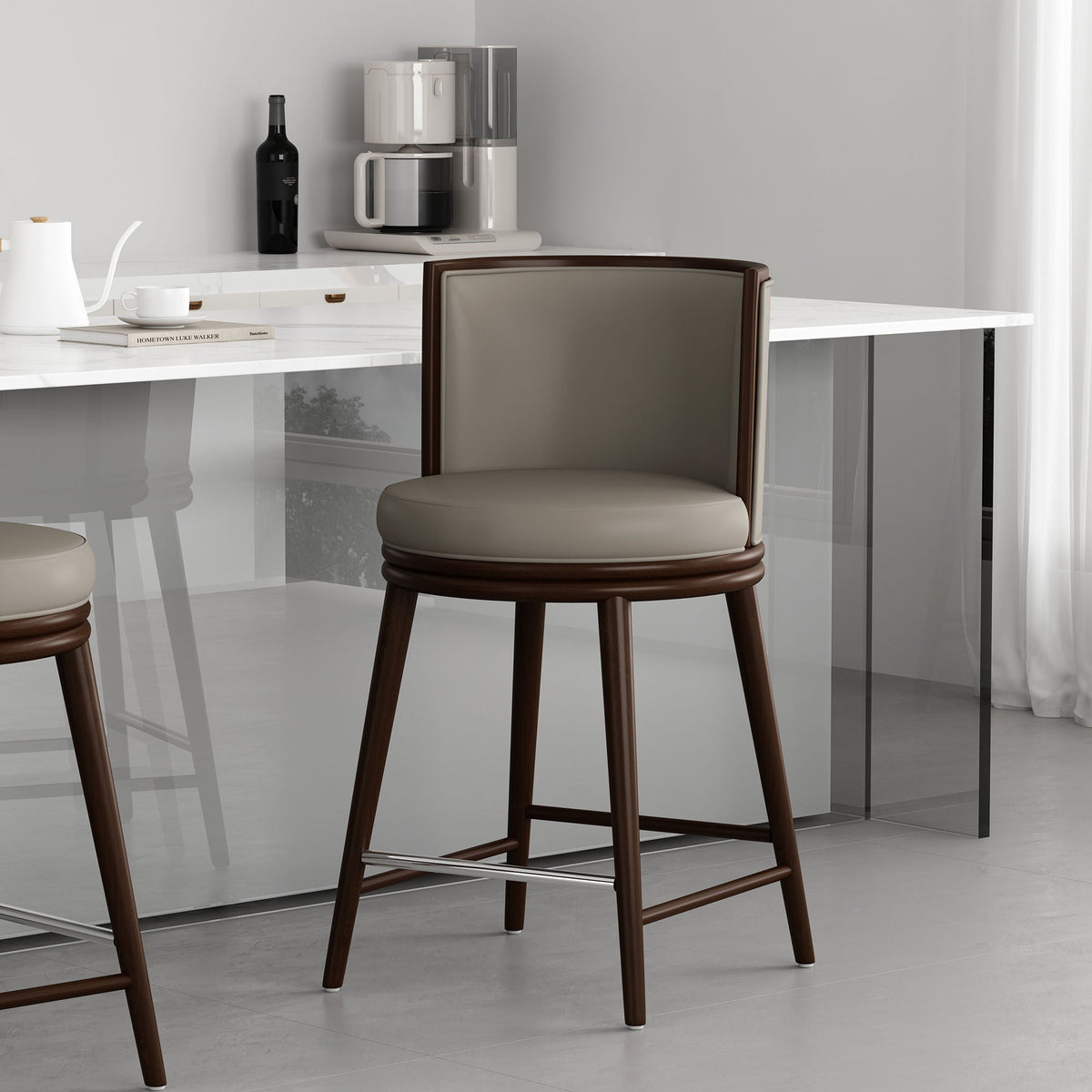 Evalyn Counter Stool by HouseOfZazla; brown wood frame with beige upholstery, set of 2 on Tampa Home & Garden Store