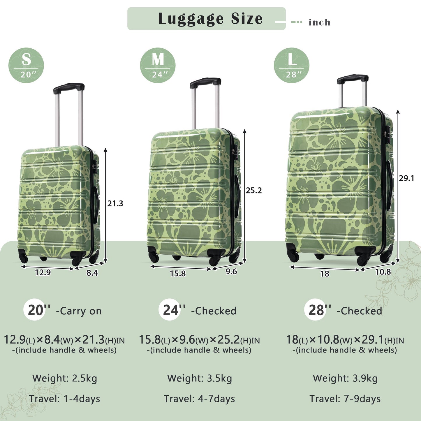 3-Piece hard shell luggage set green floral pattern 20/24/28in HouseOfZazla on Tampa Home & Garden Store