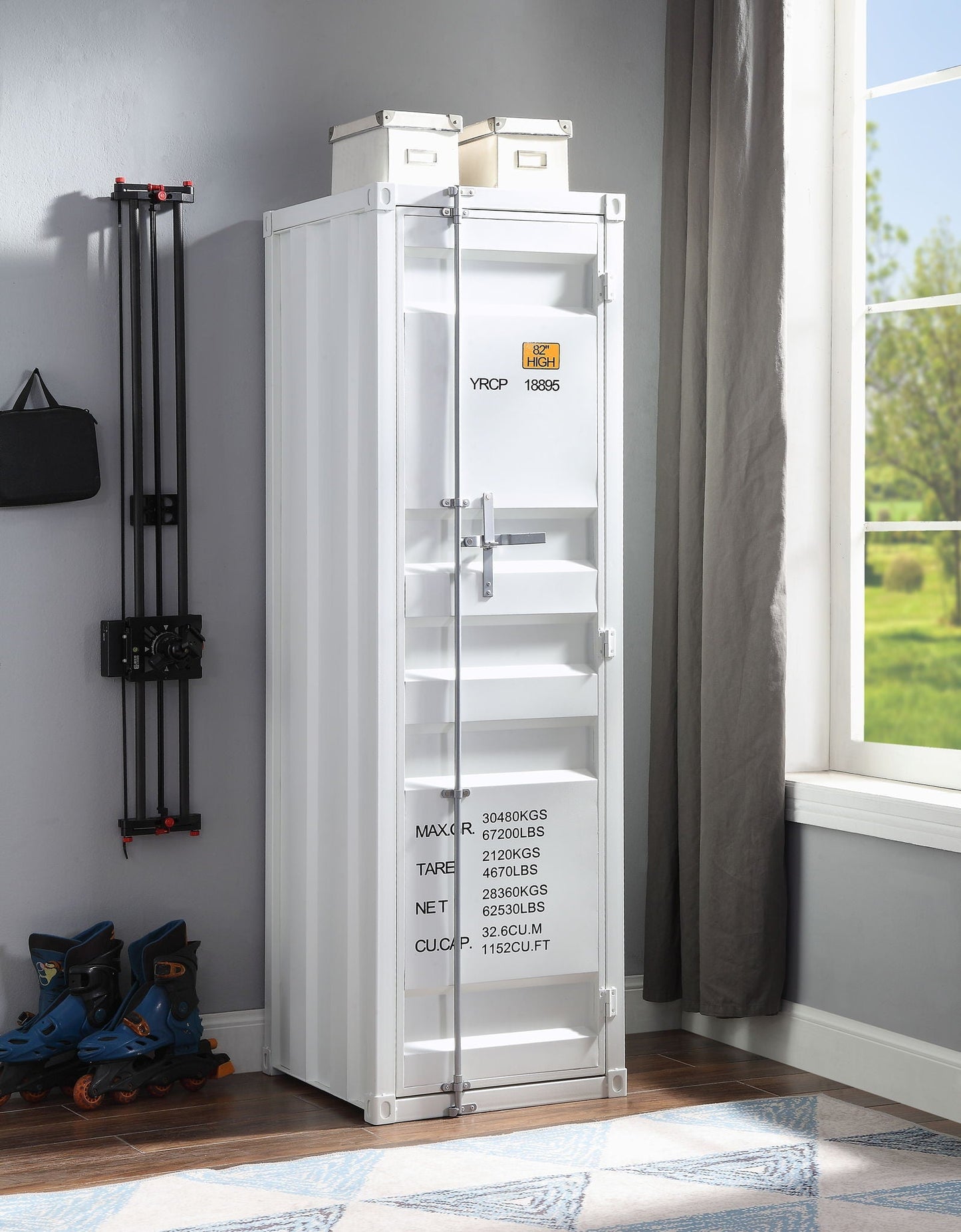Cargo Wardrobe white metal triple wardrobe with shelves and steel hardware in bright room on Tampa Home & Garden Store