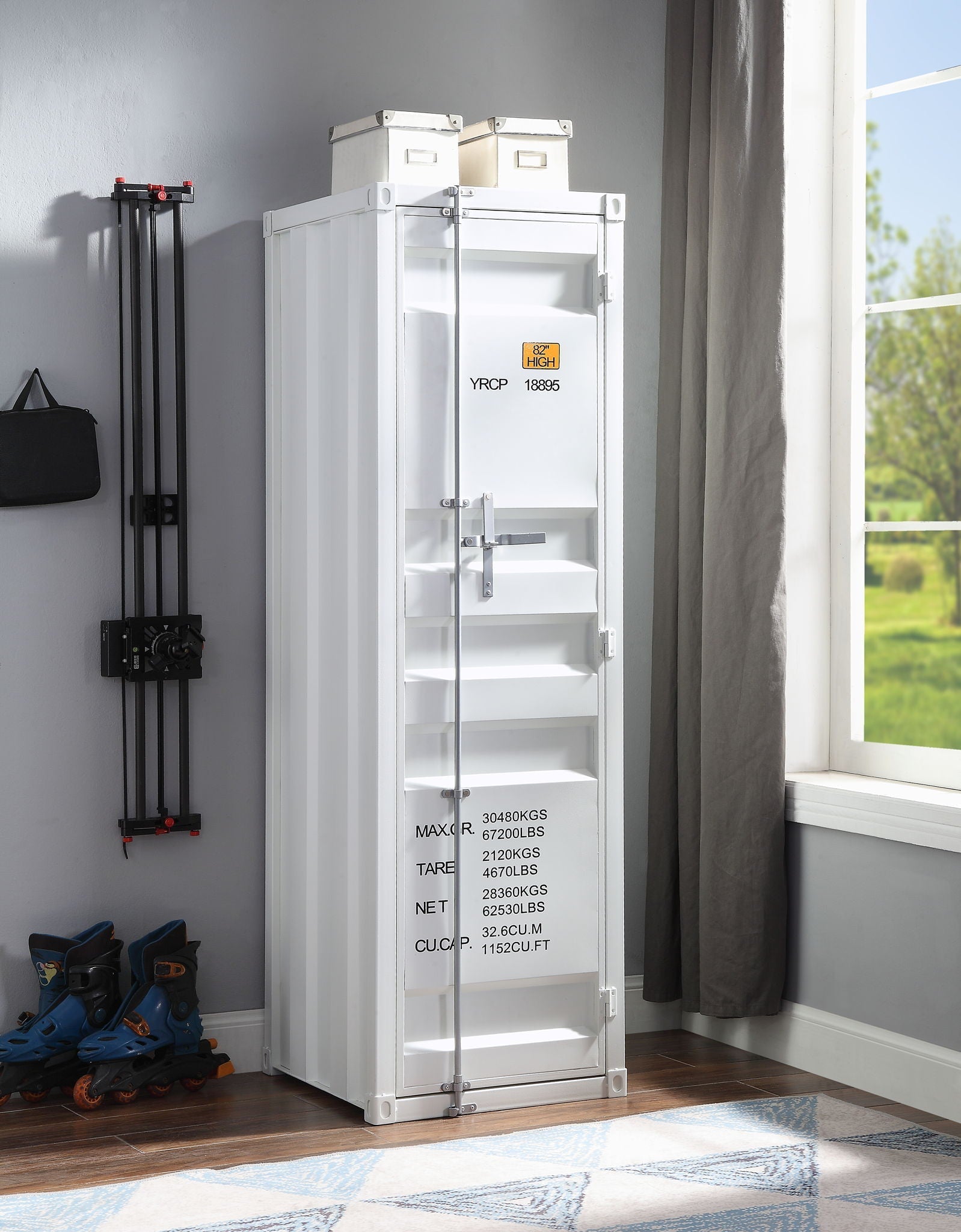 Cargo Wardrobe white metal triple wardrobe with shelves and steel hardware in bright room on Tampa Home & Garden Store