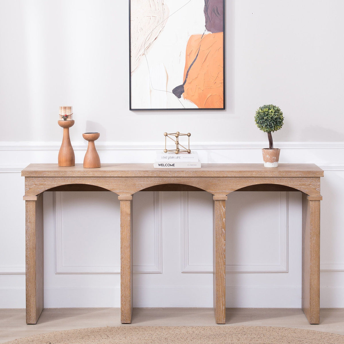 Archway Console Table in antique natural wood with three arched openings and simple decor on Tampa Home & Garden Store