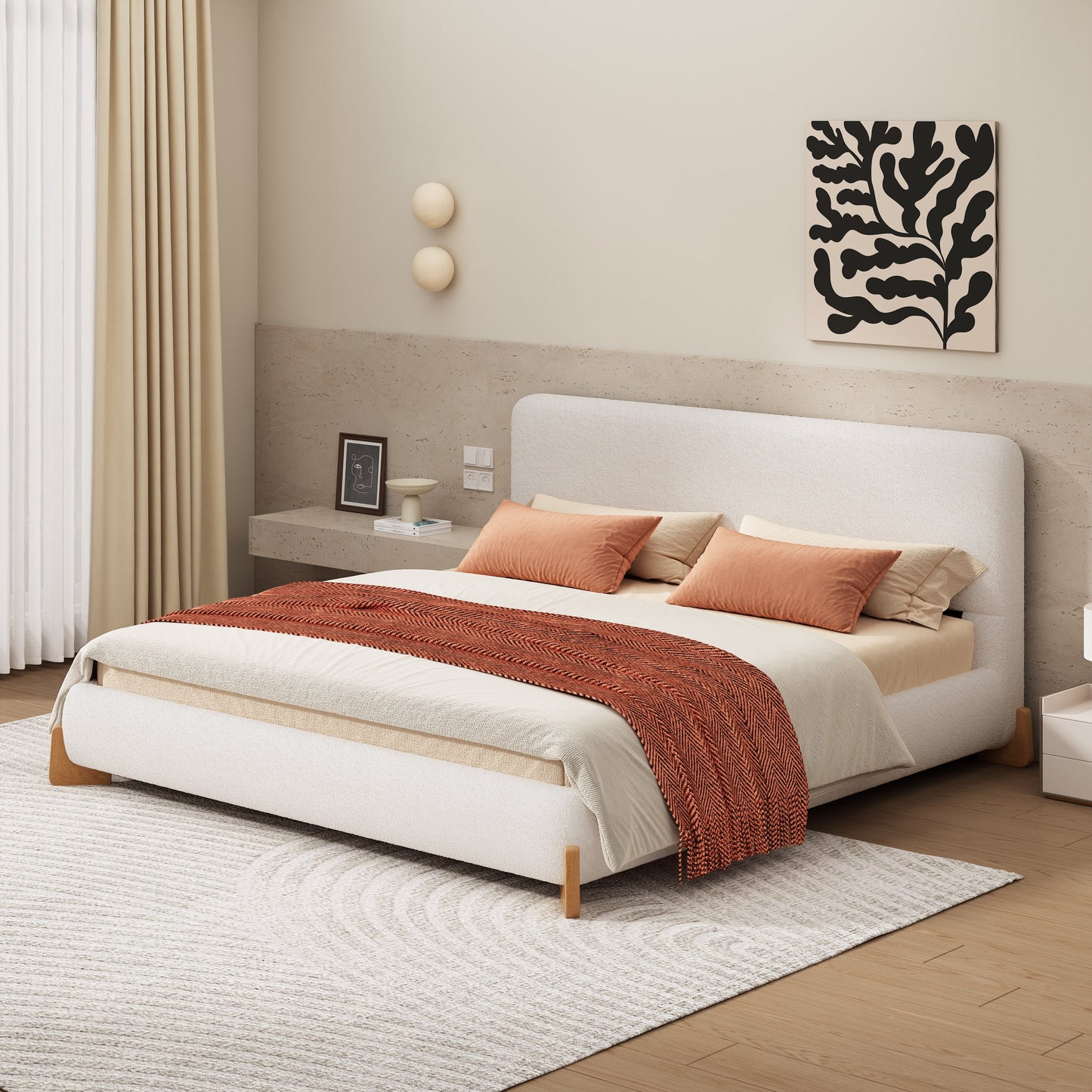 Elegant Boucle Upholstered Bed Queen Size in beige with orange pillows by HouseOfZazla on Tampa Home & Garden Store