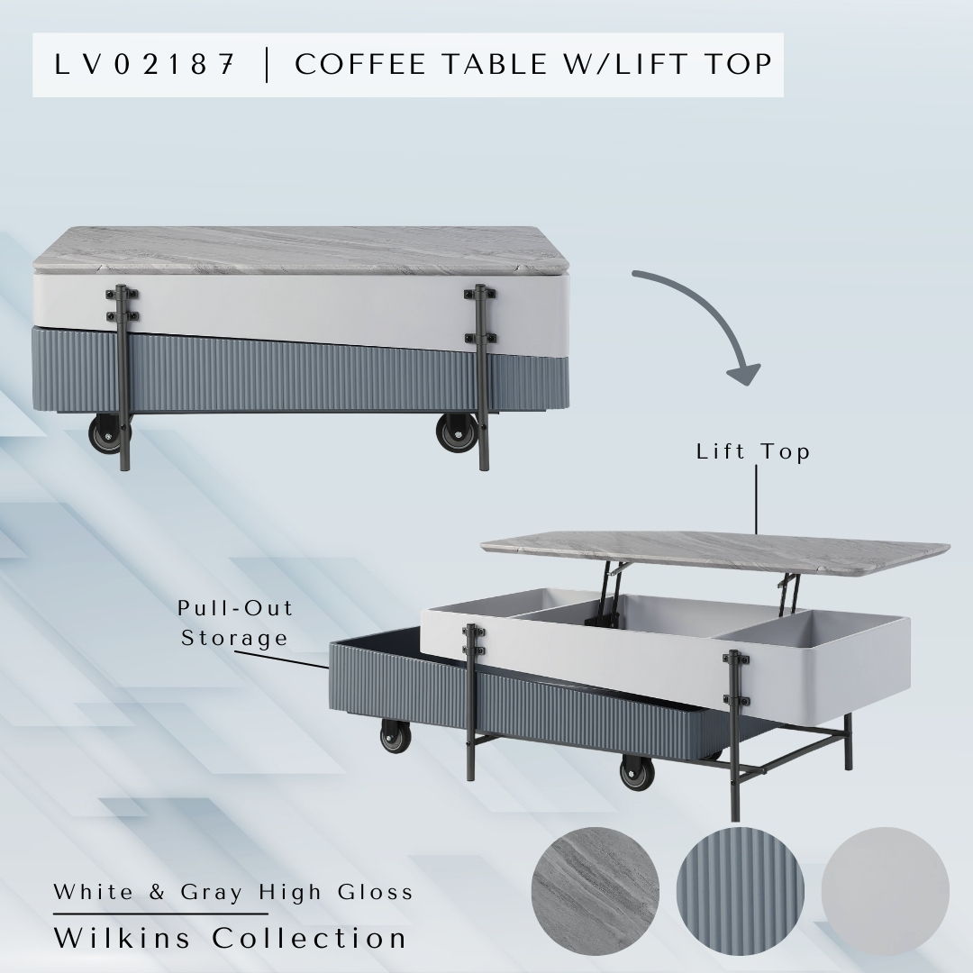 Coffee table with lift-top in white gray glossy finish, ribbed panels, HouseOfZazla Wilkins on Tampa Home & Garden Store