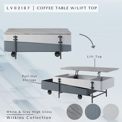 Coffee table with lift-top in white gray glossy finish, ribbed panels, HouseOfZazla Wilkins on Tampa Home & Garden Store