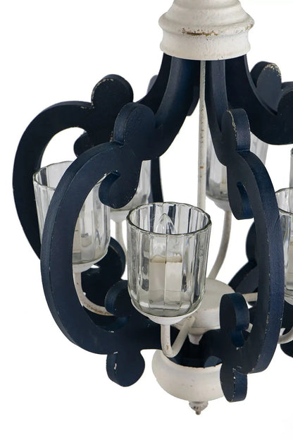 Wood chandelier 6-light farmhouse pendant with navy frame and glass candle cups cream accents on Tampa Home & Garden Store