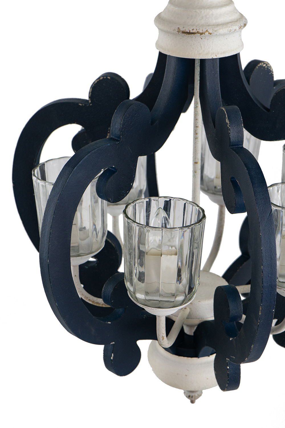 Chandelier HouseOfZazla 6-light farmhouse with navy scroll frame and glass cups on Tampa Home & Garden Store