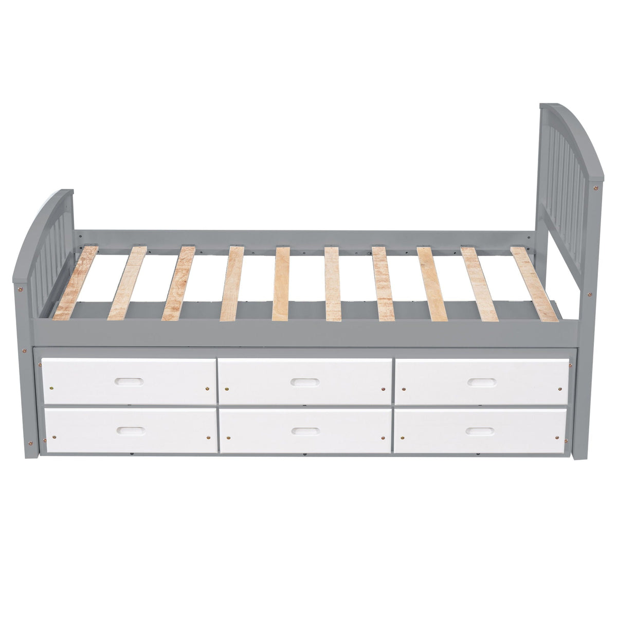 Platform storage bed in gray with white 6-drawer front panels and exposed wooden slats on Tampa Home & Garden Store