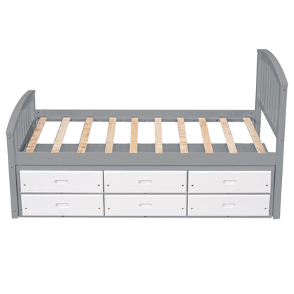 Platform storage bed in gray with white 6-drawer front panels and exposed wooden slats on Tampa Home & Garden Store