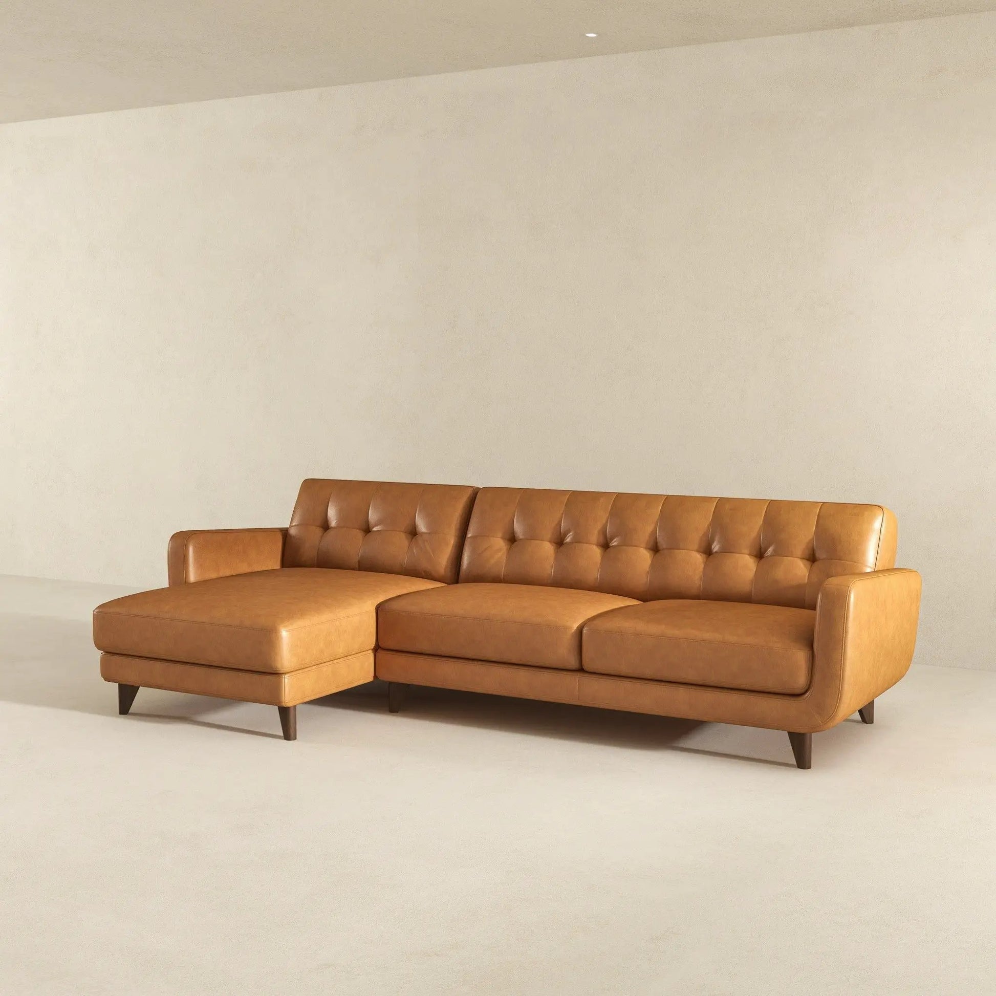 Allison mid-century modern sectional chaise in caramel leather with tufted cushions and legs on Tampa Home & Garden Store