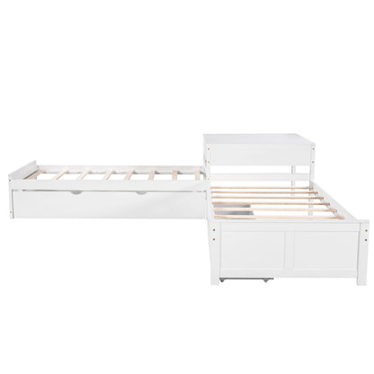 White wooden L-shaped platform bed with built-in desk, trundle, and drawers on Tampa Home & Garden Store