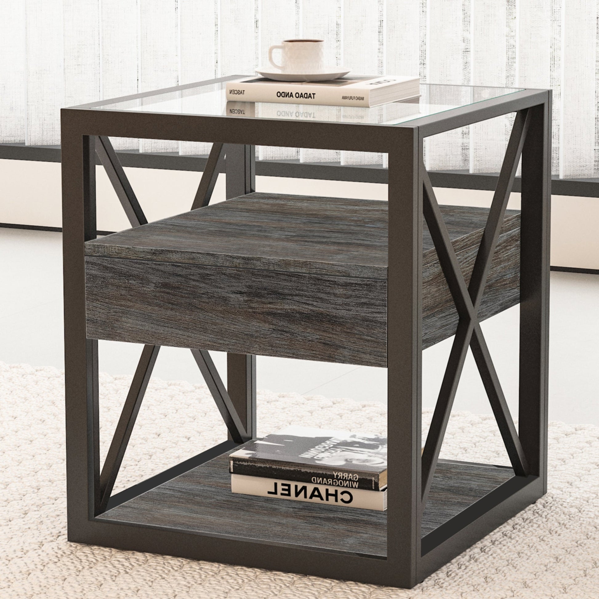 Nightstands set of 2 modern end tables with glass top, dark metal frame and lower wood shelf on Tampa Home & Garden Store