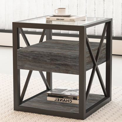 Nightstands set of 2 modern end tables with glass top, dark metal frame and lower wood shelf on Tampa Home & Garden Store